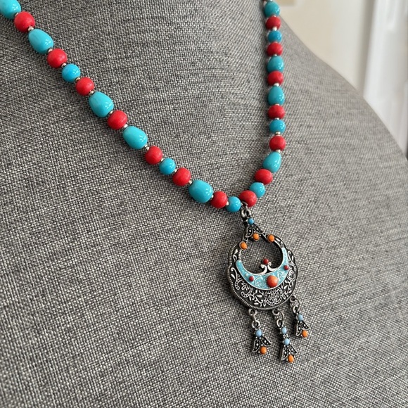 Bohemian Blue and Red Beaded Necklace - Picture 3 of 6